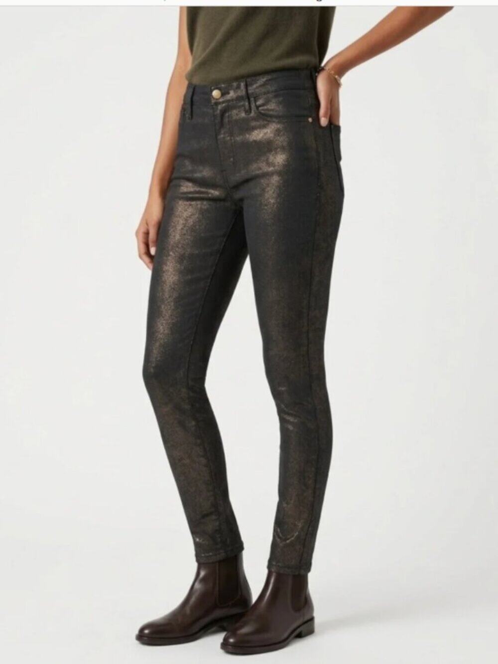 Frame Denim Black Metallic Gold Le High Skinny Jeans Size 27 LHSKM480